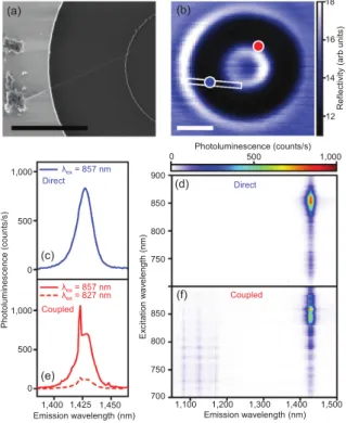 Figure 1.18 – (a) SEM image of a suspended nanotube attached to a micro-disk. (b) Reﬂectivity image of a device measured in (c)–(f)