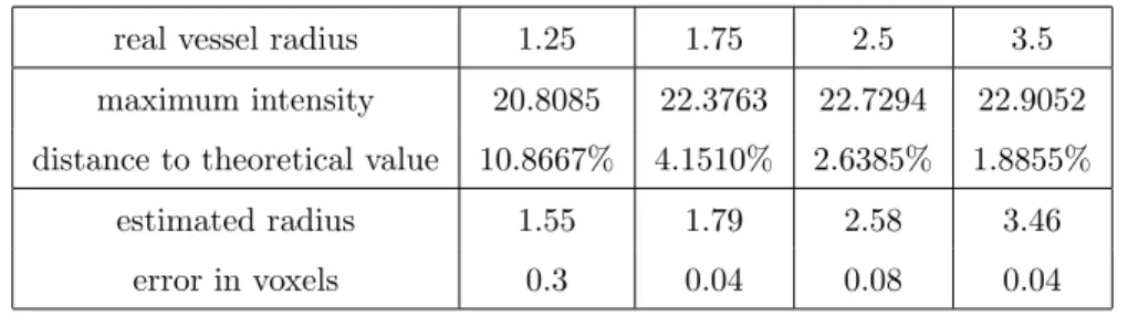 Table 3: intensity obtained at the center of the vessels for a range of 10 scales, estimated sizes and error in the estimation.