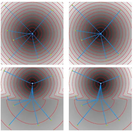 Fig. 2.17  Shortest paths obtained for a onstant potential ( top), and for a