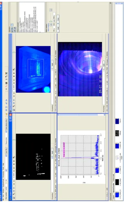 Figure 6: An example of a wolff session during off-line plasma analysis. The main window displays LHCD IR view (top right), equatorial visible view (bottom right), and copper signal from the UV spectrometer (bottom left)