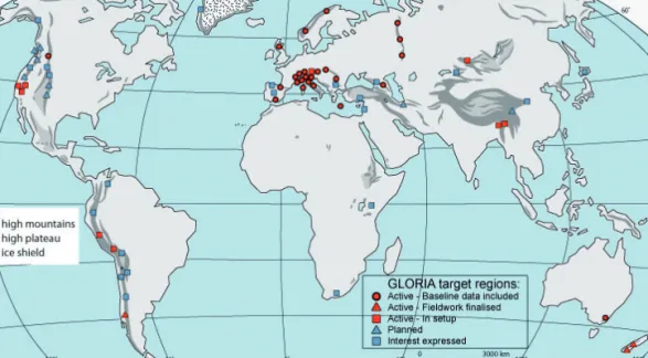 Abb. 3: Das Projekt GLORIA – ein Dauerbeobachtungsnetz in Hochgebirgen - läuft weltweit (Stand: 