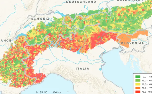 Abb. 3: Anteil der Betriebsinhaberinnen und Betriebsinhaber landwirtschaftlicher Betriebe, die 1990  älter als 45 Jahre waren (nach Tappeiner et al