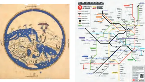 Fig. 1 . World Map (Al-Idrisi, 1154) Fig. 2 Mapa Férreo de Bogotá (Suarez 2018)