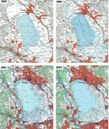 Abbildung 3: Landschaftsentwick- Landschaftsentwick-lung nach Einführung der  Schutz-verordnung: zu erkennen ist, wie  die Siedlungsentwicklung (rot)   an der Schutzverordnungsgrenze  (blaue Linie) weitgehend Halt  macht