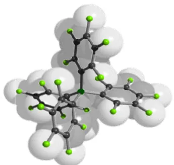 Abbildung 1: Molekülstruktur des [B(C 6 F 5 ) 4 ] –  als Vertreter der Borat-Anionen als Überlagerung einer  ball-and-stick-  und  einer  space-filling-Darstellung