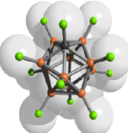 Abbildung  2:  Molekülstruktur  des  [CB 11 F 12 ] –   als  Vertreter  der  Carborat-Anionen  als  Überlagerung  einer  ball-and-stick-  und  einer  space-filling-Darstellung