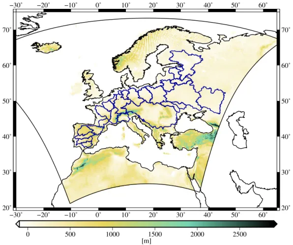 Figure 4.3: Topography over the European COordinated Regional Downscaling EXperiment (CORDEX domain)