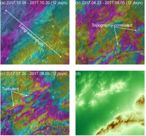 Figure 2.8.: Examples of tropospheric effect in different interferograms over a region in the northeast of Iran