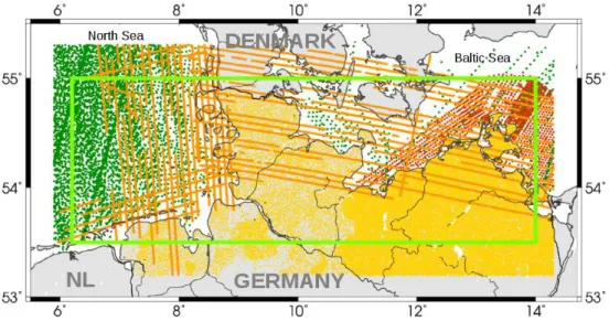 Figure 3.9: Distribution of the observations in the test area Northern Germany (green bordered): satellite altimetry (dark green), shipborne (red), airborne (orange), and terrestrial data (yellow)