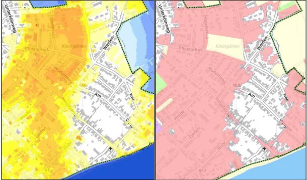 Abbildung 5: Ausschnitt aus einer Hochwassergefahrenkarte (links)  und  Hochwasserrisikokarte (rechts) 