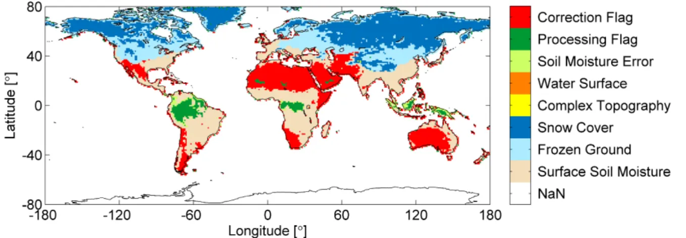 Figure 4.1: Global map showing exemplarily for December 2010 the flagging of ASCAT data, where the colors indicate that either surface soil moisture was captured (beige) or that all observation points falling within a 1 ◦ × 1 ◦ grid cell were masked as the
