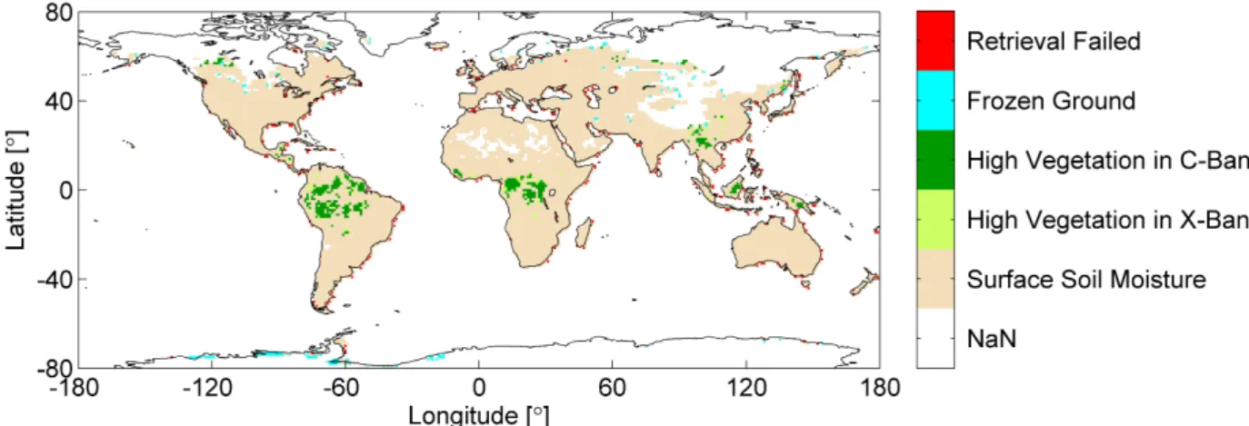 Figure 4.2: Global map showing exemplarily for December 2010 the flagging of AMSR-E data, where the colors indicate that either surface soil moisture was captured (beige) or that all observation points falling within a 1 ◦ × 1 ◦ grid cell were masked due t