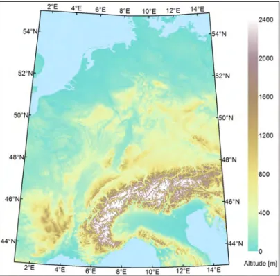 Figure 2.1: Topographic map of Central Europe generated from elevation data of the Shuttle Radar Topography Mission (SRTM)