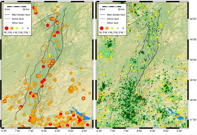 Figure 2.8: Seismicity in the URG area: earthquake epicentre registrations from different catalogues.
