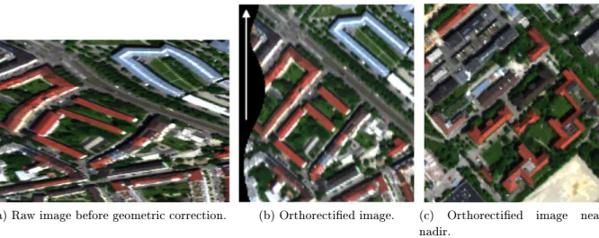 Figure 2.3: Geometric distortions of an optical RS image. An image before (Figure 2.3a) and after (Figures 2.3b and 2.3c) the orthorectication process