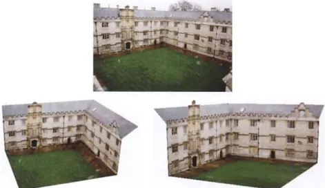 Figure 4.1 – 3D reconstruction based on a single perspective image. Top: original image (the Fellows quad,  Merton College, Oxford); Bottom: 3D model from different views