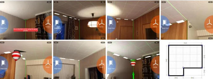 Figure 4.4 – Exemplary data acquisition and the resulting 3D model using a smartphone application MagicPlan  (“Sensopia Inc.,” 2014), supported by Augmented Reality