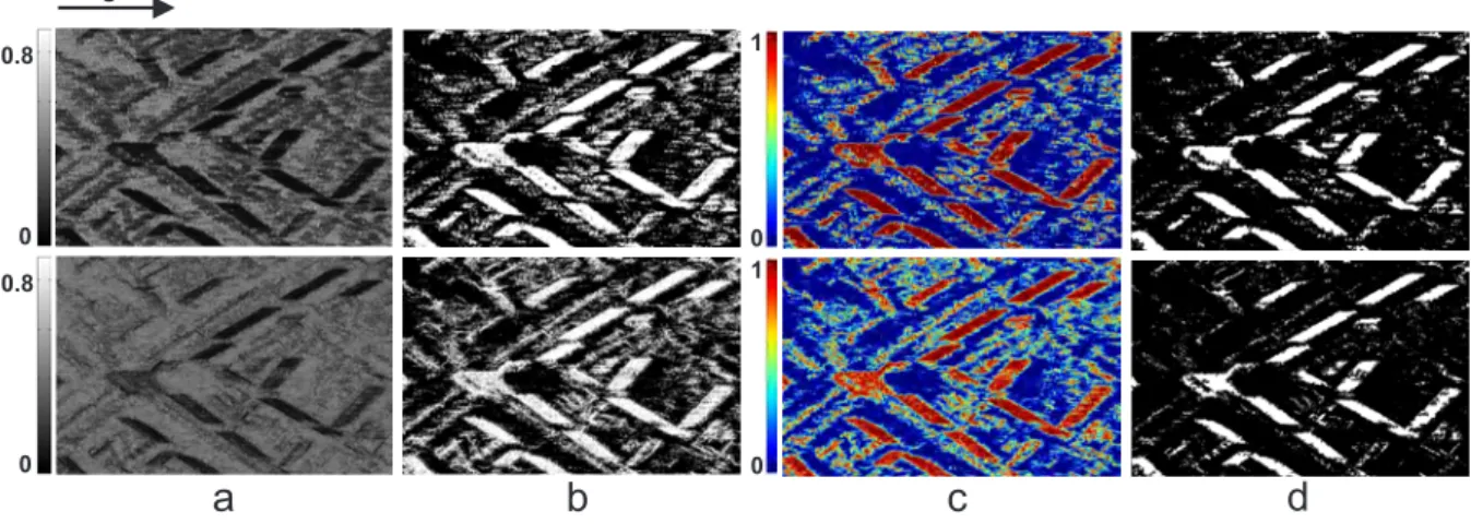 Figure 3.10: Separated post-processing for phase ramp detector (first row) and constant phase detector (second row): (a) difference map; (b) building class after k-means; (c) density map; (d) building class after density filtering