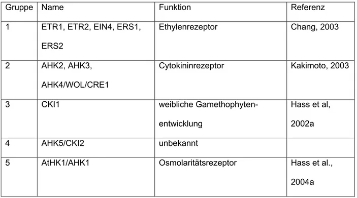 Tab. 1: Einteilung der Arabidopsis Histidinkinasen (AHK) in fünf Untergruppen 
