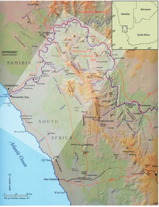 Fig. 1.1: Topographical map of the Richtersveld. The frame marks the study area, which follows  a climatic gradient from coast to inland (after Williamson 2000, modiﬁ ed).