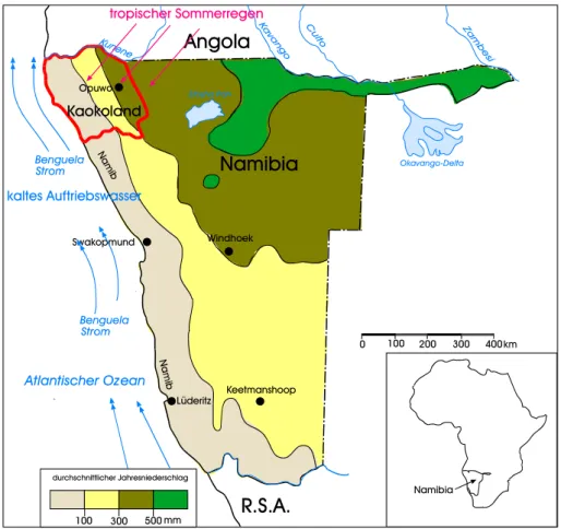 Abb. 1: Karte von Namibia mit der Lage des Arbeitsgebietes und den wichtigsten klimabestim-  menden Faktoren (nach VAN DER MERWE 1983 und EITEL &amp; BLÜMEL 1997), verändert 