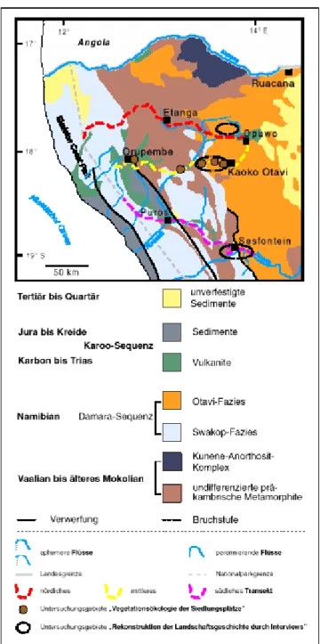 Abb. 2: Karte der Geologie des Arbeitsgebietes mit Lage der durch BECKER (2001)  bearbeiteten Transekte und Untersuchungsgebiete (Abbildung aus BECKER (2001:64))