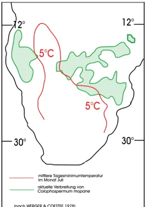 Abb. 3: Aktuelle Verbreitung von Colophospermum mopane  in Relation zur 5°C-Isotherme der mittleren Tagesminimum-  temperatur im Juli (nach WERGER &amp; COETZEE 1978, verändert) 