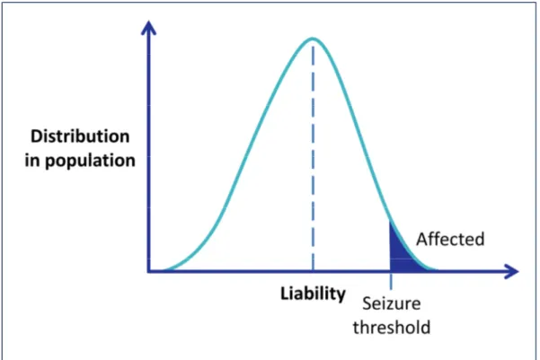 Figure  1-3  |  Multifactorial-polygenic  model  of  disease.  Liability,  an  immeasurable  quantitative  trait, is normally distributed in the population