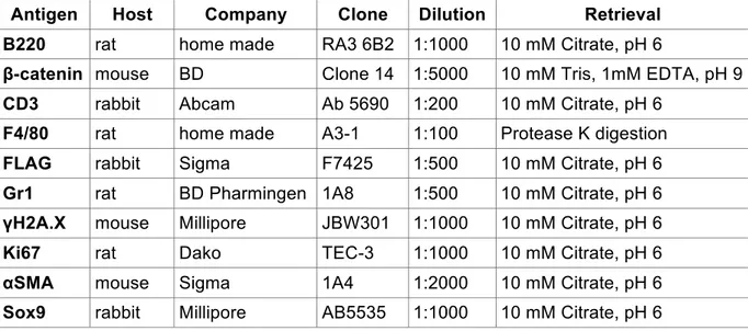 Table 1: Primary antibodies and conditions for immunostainings: 