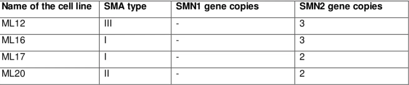 Table 1 Human fibroblast cell lines derived from SMA patients, used in this work. 