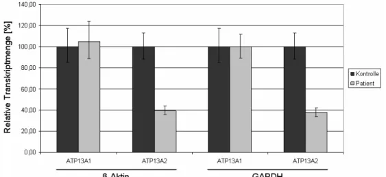 Abb. 3.8: Dargestellt ist die Bestimmung der relativen Transkriptmenge von ATP13A1 und ATP13A2 in  den Kontroll- und Patientenfibroblasten mittels Real-Time PCR