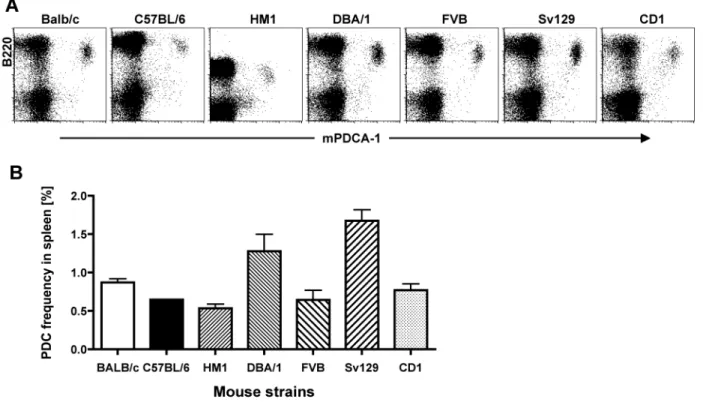 Fig 4.1.6 Expression of mPDCA-1 on PDCs from different mouse strains.  