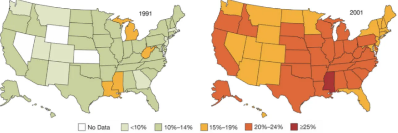 Fig. 1: Prevalence of overweight in the United States from 1991-2001. 