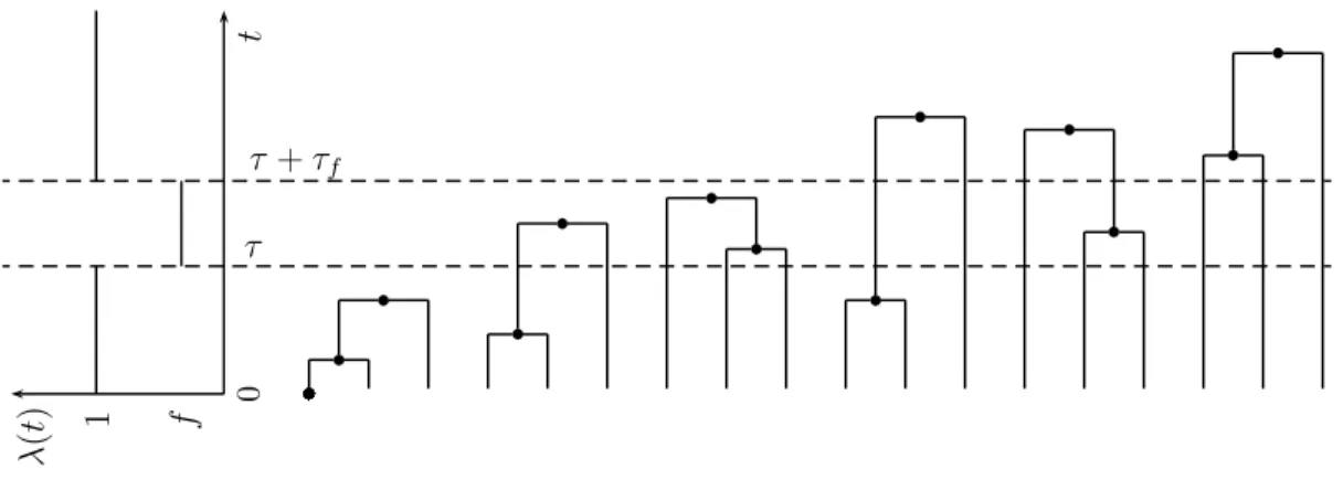 Figure 2.2 Possible coalescent trees for a 3-phase bottleneck model and sample size n = 3.