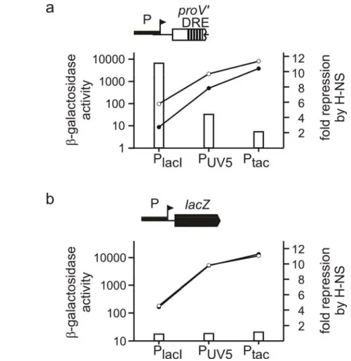 Figure 8. Transcription influences the repression by H-NS through the proU DRE : Schematic representation  of  proU DRE -lacZ fusion used to express from promoters of different strength (PlacI, PUV5, PlacI) (a) and the  PUV5-lacZ control construct (b)