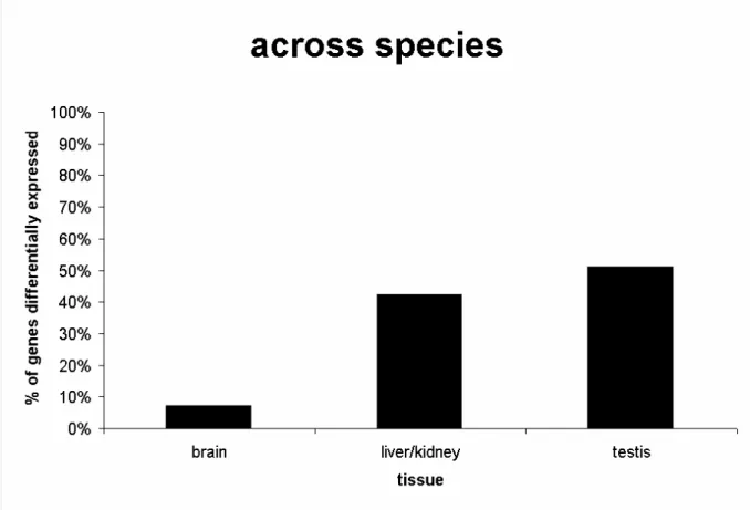 Figure 4: Percentages of genes differentially expressed across species (SAM, 200 permutations, FDR &lt; 