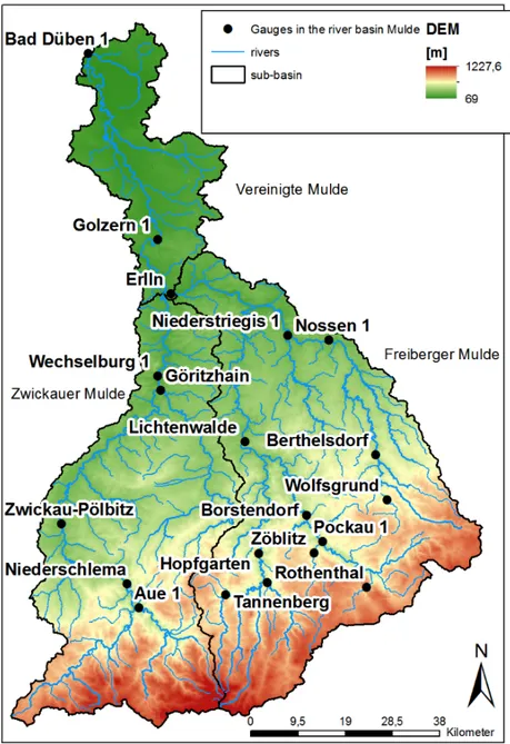 Figure 7.1.: Drainage basin of the Mulde river in the East of Saxony, Germany. In the Southern part the Ore Mountains are located.