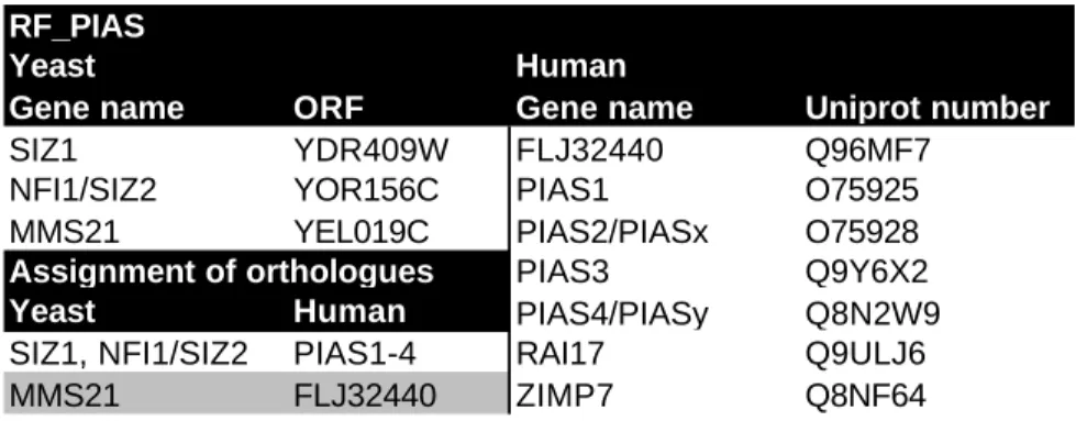 Table 3-10 Yeast and human PIAS-type RING finger proteins. A subtable contains orthology assignments