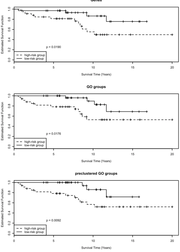 Figure 5.4: Mainz cohort study: Kaplan-Meier curves for the high-risk and low-risk groups defined by the estimated prognostic indices of the 67 patients in the test data set, the cutoff is defined as the median prognostic index on the test data