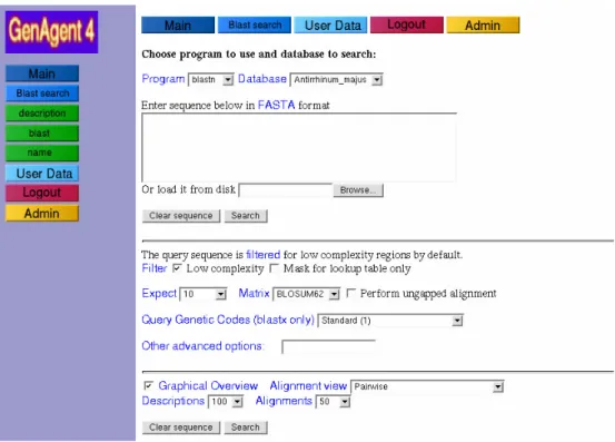 Abbildung 7: Fenster „blast“, Suche mit BLAST in den Sequenzen, die im GenAgent gespeichert sind