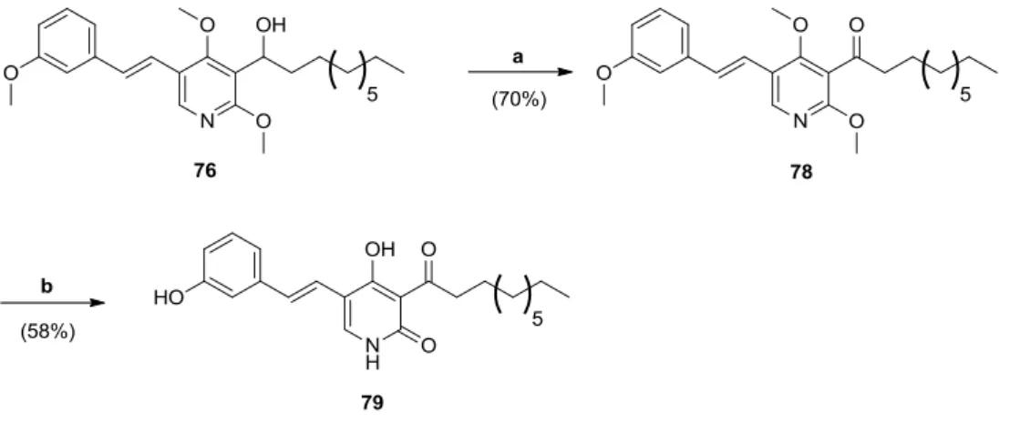 Abb. 4.6: Synthese von Styren-modifizierten Pyridon-Derivaten. a) DMP, DCM, RT; b) BBr 3 , TBAI, DCM, RT