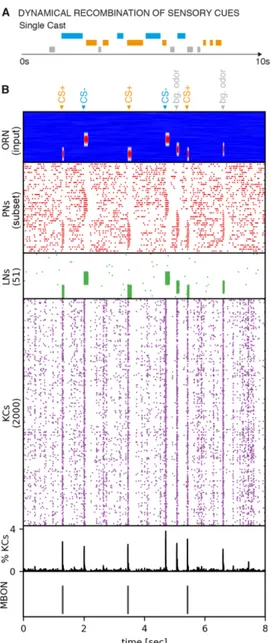 Fig. 3. Recognition of valenced odor cues in complex dynamic scenes. A: Sketch of the dynamical memory recall task mimicking the sensory experience during a natural foraging flight