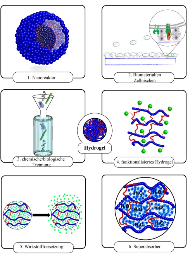 Abbildung 1.6.: Beispiele für die Verwendung von Hydrogelen: 1. Nanoreaktor, 2. Bio- Bio-materialien, Zellnische, 3