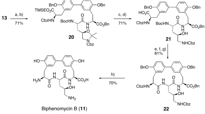 Abb. 12:  Abschluß  der  Biphenomycin B-Synthese:  a)  6  M   HCl/Dioxan,  20 °C,  2h;  b)  12,  EDC,  HOBt,  DCM, –15 °C –&gt; RT, 14h; c) AcOH/H 2 O (9:1), 50 °C, 7h; d) TBAF, DMF, RT, 1h; e) PFP, EDC,  DCM, –15 °C –&gt; RT, 14h; f) 6  M  HCl/Dioxan, DCM