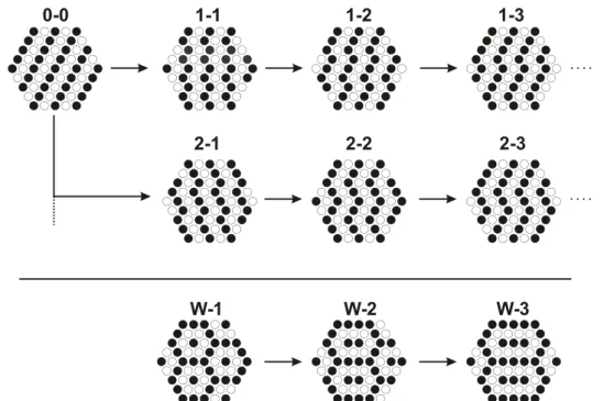 Abbildung 1.5: Auswahl m¨ oglicher Besetzungsmuster von hexagonalen Schich- Schich-ten mit zwei verschiedenen IonensorSchich-ten im Verh¨ altnis 1:1.
