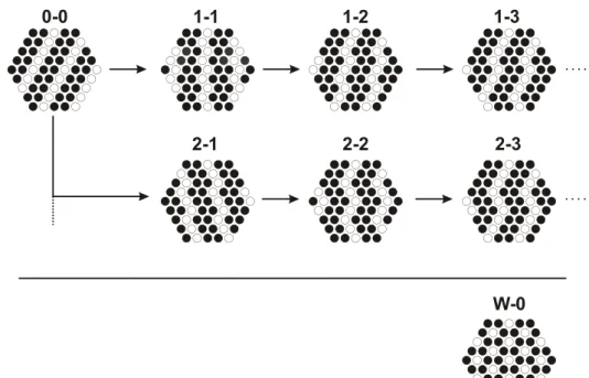 Abbildung 1.6: Auswahl m¨ oglicher Besetzungsmuster von hexagonalen Schich- Schich-ten mit zwei verschiedenen IonensorSchich-ten im Verh¨ altnis 2:1 bzw.