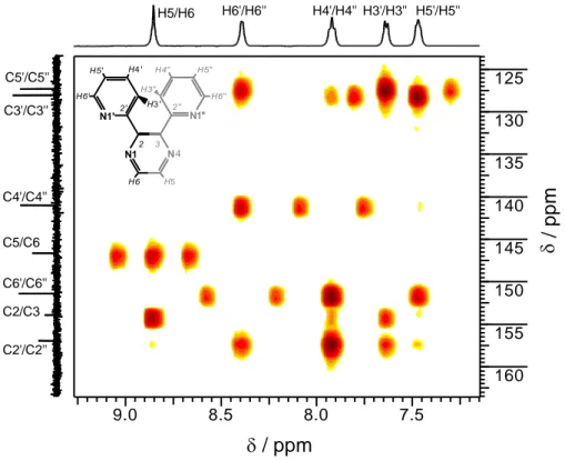 Abb. 2.14: Ausschnitt des  1 H, 13 C-HMBC-NMR-Spektrums von bppz in D 2 O, Standard TSP, pD = 7.3,  500 MHz