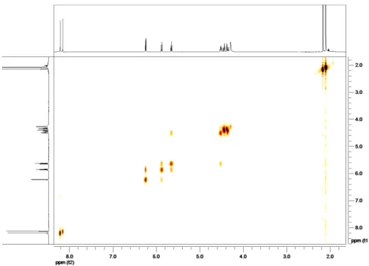 Abb. 4.1.2:  1 H-NMR Spektrum, HH-COSY Spektrum.  1 H-NMR (400 MHz, D 2 O/CD 3 CN 1:1): δ  [ppm], J [Hz]: 2,09 (s, 6H, 18-H, 19-H), 2,15 (s, 3H, 20-H),  4,28 (s, H 2 O), 4,39 (ddd, J1: 3,90, J2: 12,38, J3:17,02, 2H, 5-H), 4,51 (dt, J13,19, J2, 4,78, J3, 4,