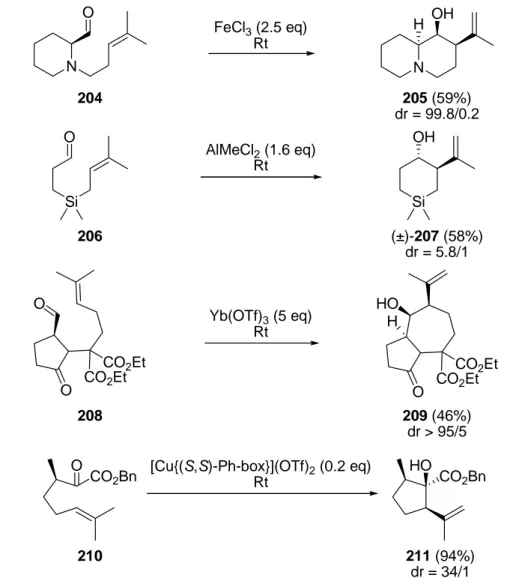 Abb. 64: Beispiele für Lewis-Säure-katalysierte bzw. -vermittelte intramolekulare Carbonyl−En-Reaktionen