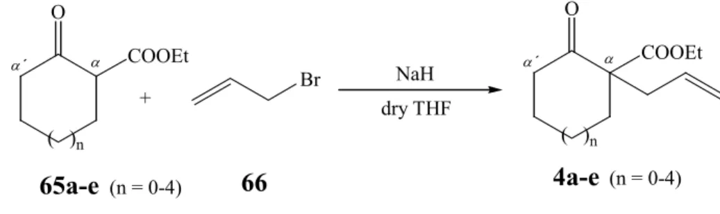 Table 2: Allylation in  α  position of ethyl 2-oxo-cycloalkane carboxylates (65a-e)  Reaction  n  Starting Mat